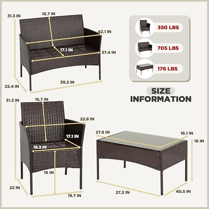 FDW | 4-Piece Patio Furniture Set | Brown & Red | Outdoor Wicker Furniture with Coffee Table | Modern Rattan Chairs Conversation Set | Outdoor Seating | Weather-Resistant | for Porch, Garden, Lawn