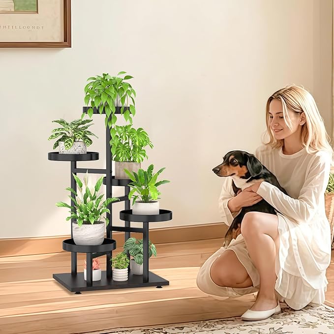 iDavosic.ly 5 Tier Plant Stand Indoor, Tiered Corner Metal Wood Multiple Flower Holder Shelf, Tall Orchid Display Rack for Patio Porch Living Room Balcony Outdoor, Black Walnut