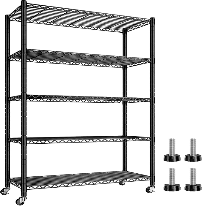 Xcity Storage Shelves, 5 Tier Heavy Duty Metal Shelving Unit with Wheels, 2500 LBS Capacity Adjustable Steel Wire Shelf Organizer for Pantry, Kitchen, Garage, 18" D x 48" W x 72" H, Black