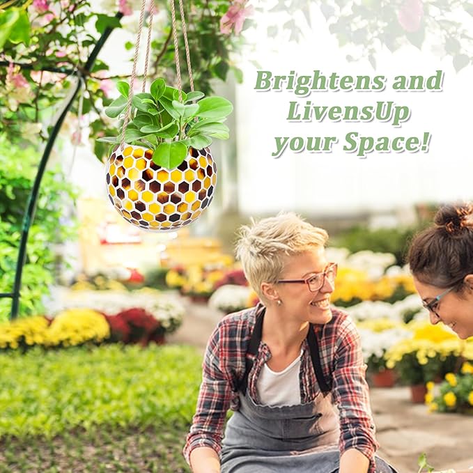 Hanging Planter Mosaic Garden Pot Small Flower Pot for Indoor Plant Disco Ball Hanging Planter with Drainage Yellow Bee