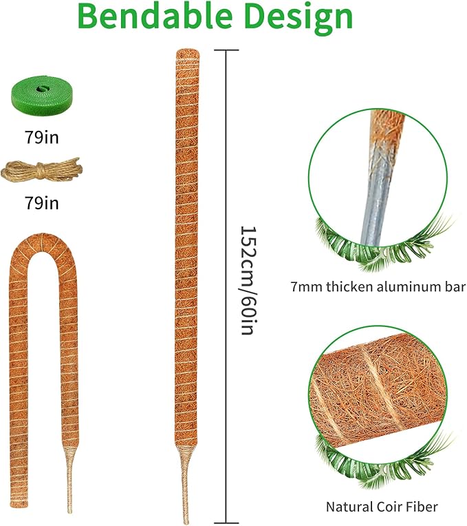 2 Pack 60 Inch Moss Pole Monstera Plant Support, Coir Moss Poles for Climbing Indoor Plants, Bendable Plant Stake Trellis for Potted Plant, Pothos, Philodendron