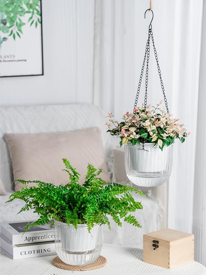Josteve 6.5 Inch 2 Pcs Self Watering Hanging Planter Indoor Plant Pots Drainage Holes, Outdoor Hanging Planters Flower Pot Basket, Visible Water Level, Plant Hanger Home Decor, Gardening
