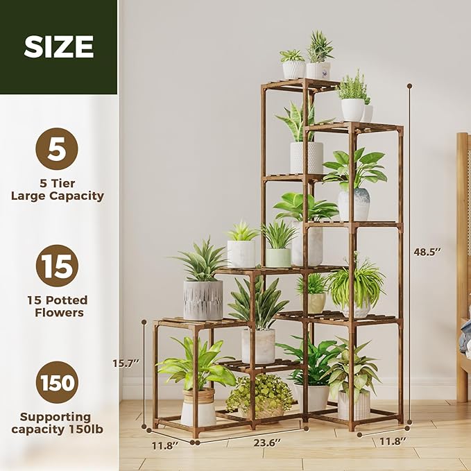 Bamworld 55“ Tall Plant Stand Indoor Outdoor Corner Plant Shelves Wood Plant Holder for Living Room Flower Stand Plant Rack for Multiple Plants Living Room Patio Balcony Garden