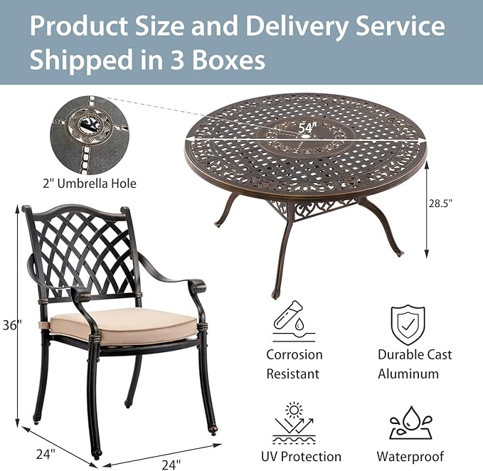 5-Piece Cast Aluminum Patio Furniture, Outdoor Dining Sets for 4 Include 54" Round Patio Dining Table and 4 Stackable Chairs with Cushions & Umbrella Hole (Bronze)