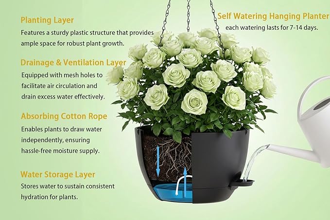 Hanging Planters, 3-Pack 10 Inch Self-Watering Pots with Drainage Holes and Chains, Matte Plastic Planters for Indoor/Outdoor Plant（Black）