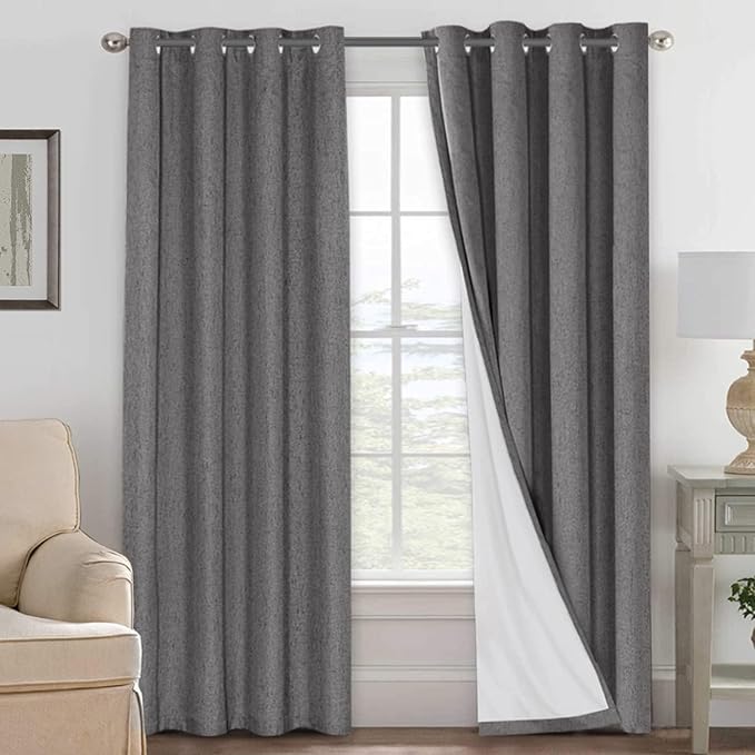H.VERSAILTEX Linen Curtains 100% Blackout Curtains for Bedroom 102 inch Long Full Light Blocking Nature Linen Blended Window Curtains for Living Room Nickel Grommet (2 Panels, Grey)