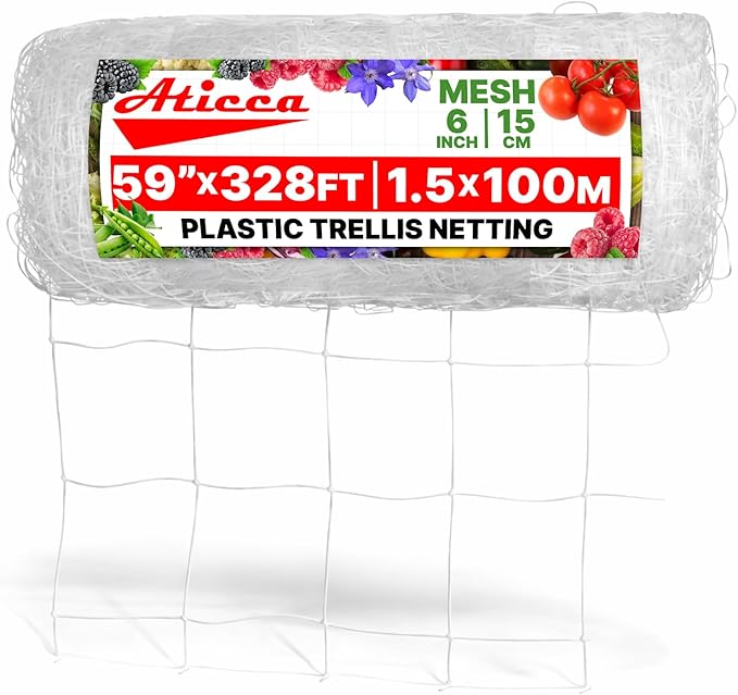 Plastic Trellis Netting 59" x 328 ft Heavy Duty Plant Support Netting White - 6 Inch Garden Trellis on Roll - Mesh for Growing Vine Climbing Plants, Flowers, Peas, and Cucumber