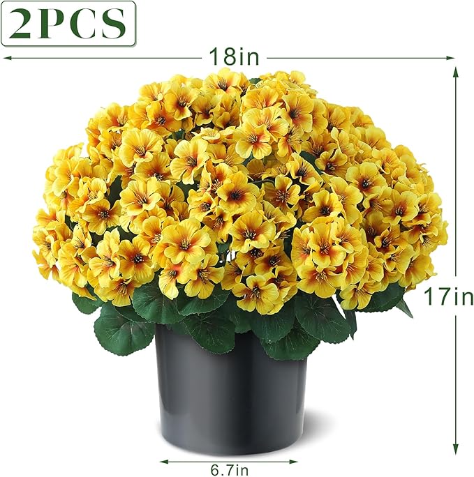 2 Pack Artificial Geranium Flowers Topitary Trees for Outdoors, UV Resistant Geraniums Potted Bushes Look Real Silk Faux Plants for Front Door Garden Porch Planter Farmhouse Home Decor (Yellow)