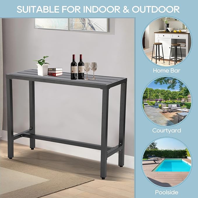 Outdoor Bar Table, Patio Console Pub Height Tables with Powder Coated Steel Frame, Weather Resistant Waterproof Top for Hot Tub, Balcony, Garden, Yard, Poolside (Grey, 47" Narrow Bar Table)