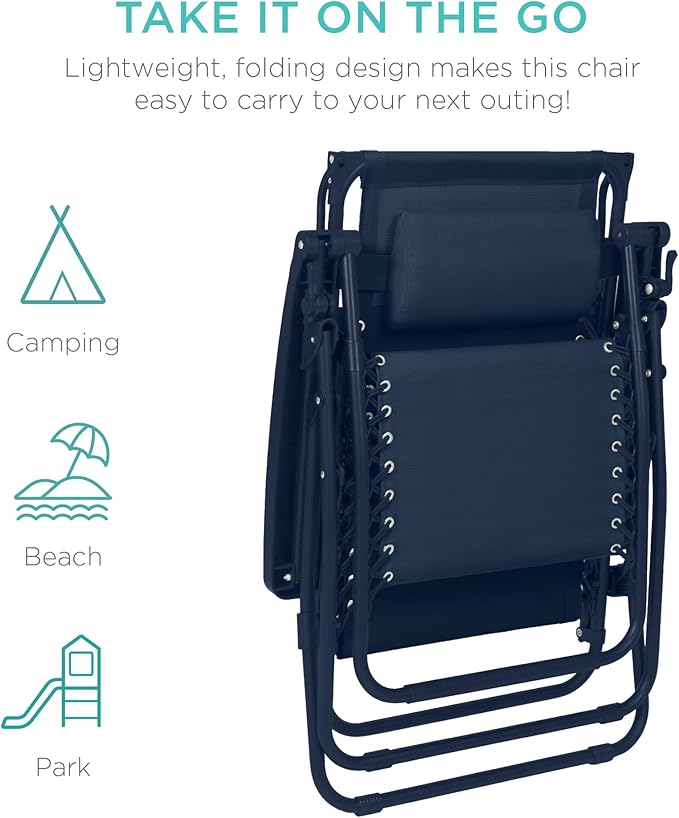 Best Choice Products Folding Zero Gravity Outdoor Recliner Patio Lounge Chair w/Adjustable Canopy Shade, Headrest, Side Accessory Tray, Textilene Mesh - Navy