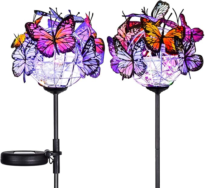 Outdoor Solar Garden Lights - 2 Pack Solar Powered Garden Stake Lights with 18 Butterflies and Copper String Lights, Multicolor