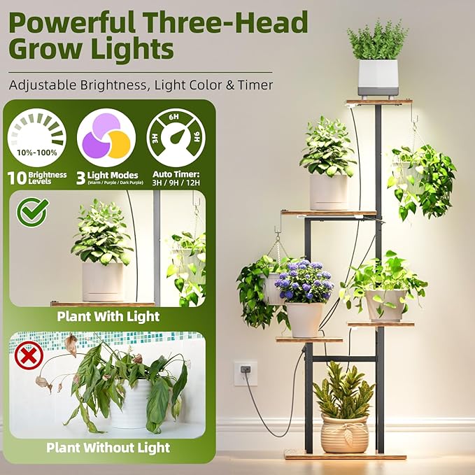Plant Stand Indoor with Grow Lights, 46" Metal Corner Plant Shelf with 3 LED Lights, 2 Hanging Hooks, 5-Tiered Tall Plant Flower Holders for Living Room, Garden, Patio (Black Brown)
