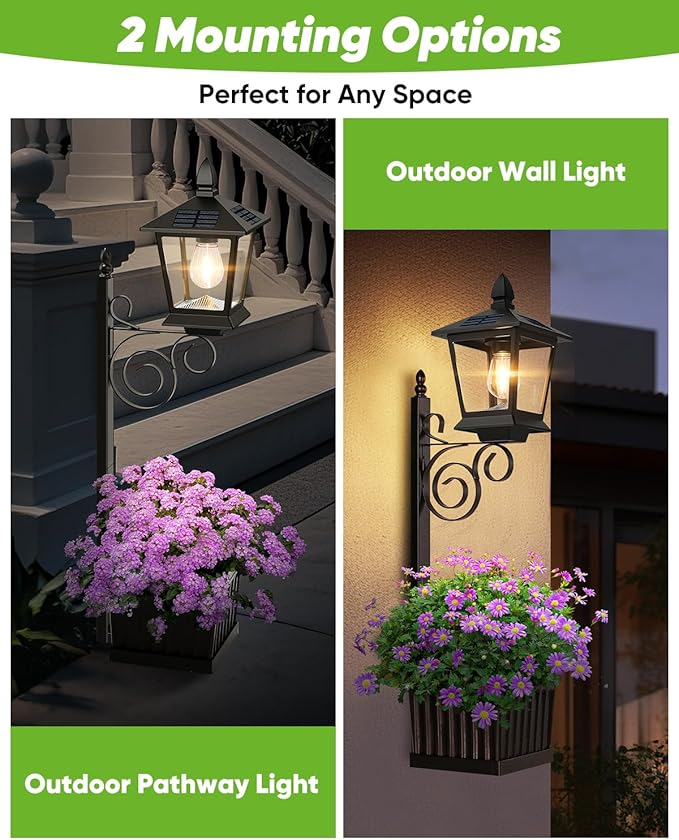 Outdoor Flower Pots 2 in 1, Solar Lamp Post with Planter, Metal Pole, Wall Mount/Standing Solar Planter Lights IP65 Waterproof, Decorative Lamp for Garden, Patio, Porch, 1-Pack (Flowers not Included)