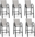 HOMREST Outdoor Bar Height Stools Set of 6,High Back Patio Chairs with Armrests,Textilene Chairs with Breathable Fabric & Metal Frame for All Weather,Light Grey