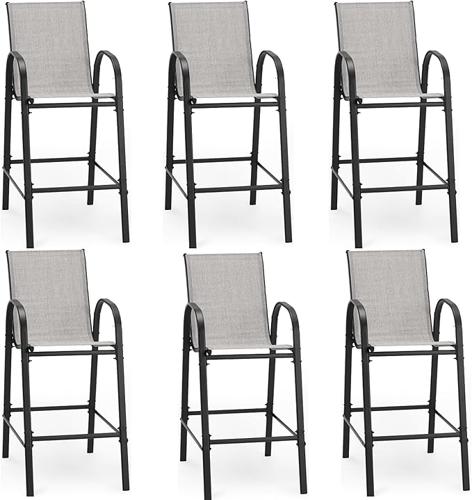 HOMREST Outdoor Bar Height Stools Set of 6,High Back Patio Chairs with Armrests,Textilene Chairs with Breathable Fabric & Metal Frame for All Weather,Light Grey
