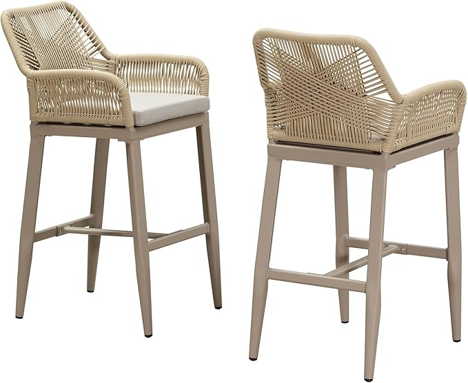 PURPLE LEAF Outdoor 29" Bar Stools Set of 2, Boho Patio Bar Height Chair with Cushion and Back for Outdoor and Indoor, Garden, Patio, Champagne
