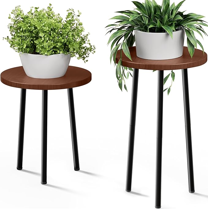 Plant Stand Indoor 2 Pack: Plant Table 14''&20'' Wooden & Metel Heavy Duty Stands for Flower Lovers - Mid Century Modern Design Stool for Bedroom/Living Room/Patio/Garden