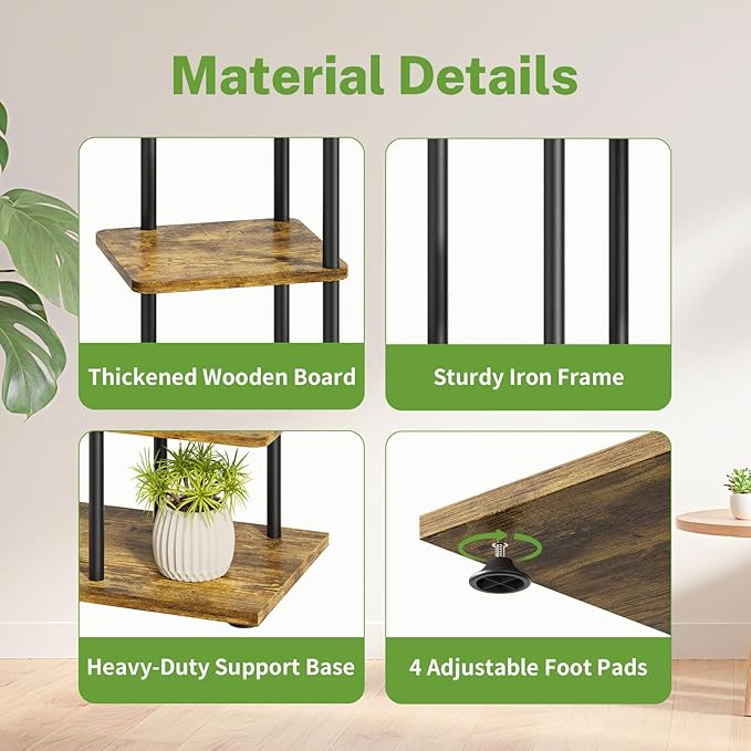 iDavosic.ly 4 Tier Plant Stand Indoor, Tiered Corner Metal Wood Multiple Flower Holder Shelf, 34 Inch Tall Orchid Display Rack for Patio Porch Living Room Balcony Outdoor, Modern Black & Rustic Brown
