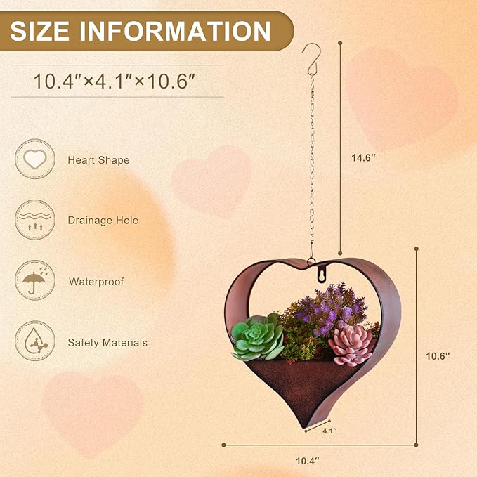 Metal Hanging Planters for Indoor & Outdoor Plants - Heart Shaped Planters for Wall or Window,Garden Patio or Indoor Decor for Women(Cooper)