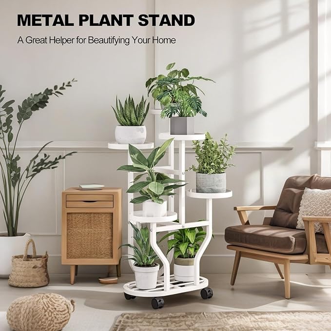 Plant Stand 5 Tier Indoor Outdoor Metal Flower Shelf with Wheels Multi Plants Holder Display Rack for Garden Patio Balcony Living Room White (White, 5 Tier)