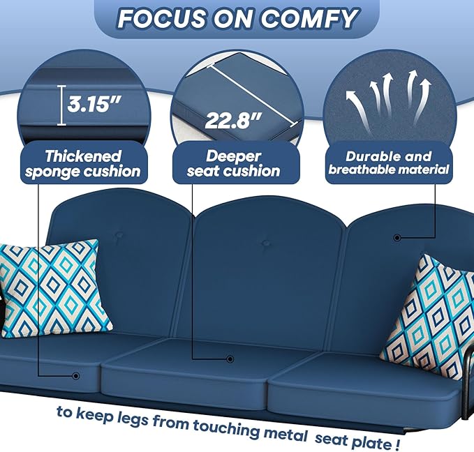3 Seat Outdoor Porch Patio Swing with Stand 800lbs 2-in-1 Convertible Swing Bed with Adjustable Canopy & Removable Cushion for Yard Garden Deck (Blue, Round Tube)