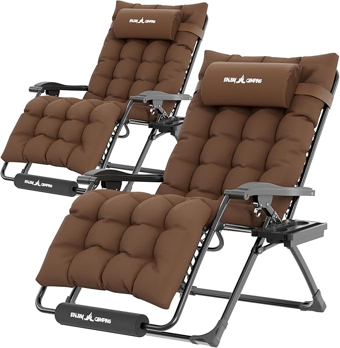 UDPATIO Oversized Zero Gravity Chair Set of 2, 29In XL Patio Reclining Chair with Cushion, Outdoor Folding Recliner with Pillows|Cup Holder|Foot Rest|Padded Headrest, Brown, Support 500LB