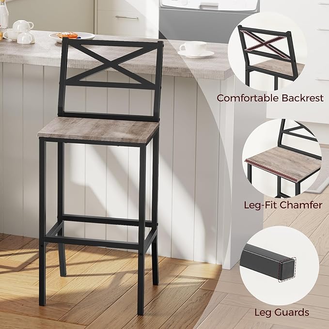 Bar Stools, Set of 2 Bar Chairs with Backrest and Footrest, 26" Tall Counter Bar Stools, Kitchen Breakfast Bar Chairs, Easy Assembly, for Dining Room, Greige BAHG0901N3