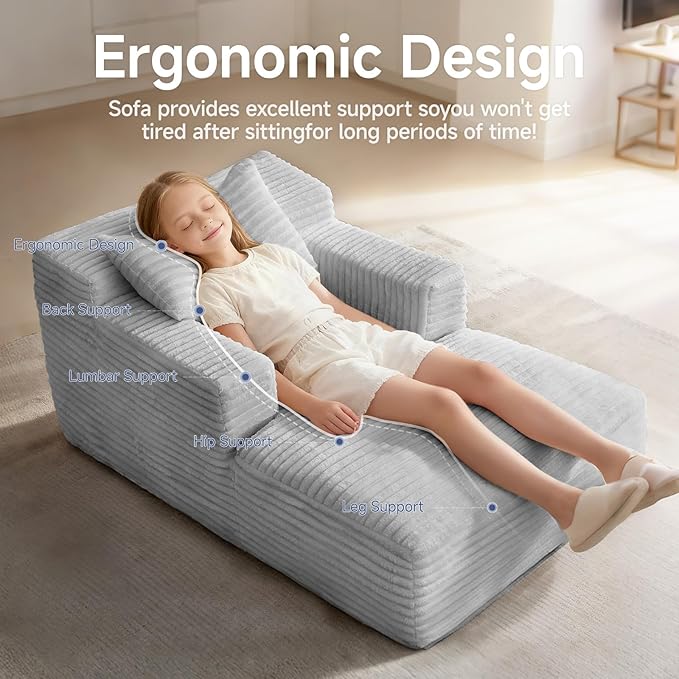 45'' Chaise Lounge Chair Indoor, Corduroy Upholstered Boneless Sofa Bed, Deep Seat Sleeper Couch Reading Chairs, Small Comfy Cloud Sofas Couches for Living Room, Bedroom, Movie Room (LightGray)
