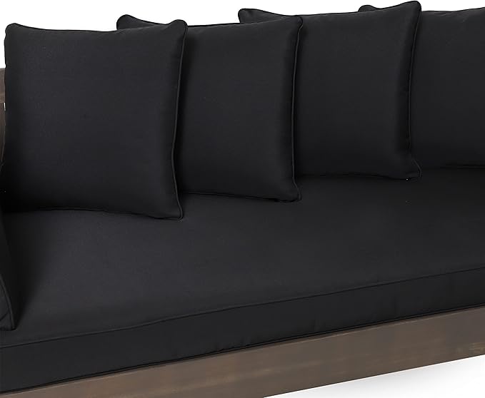 Merax Outdoor Patio Daybed Sofa,3-Seat Sofa with Foldable Arm 4 Back Pillows,Teak Acacia Wood Frame Beige Removable Cushion,Grey+Black
