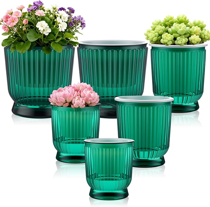 Set of 6 Self Watering Plant Pot 3 Sizes Plastic Double Layer Self Watering Flower Pot with Multi Mesh Drainage Holes Wicking Reservoir for Indoor Outdoor Garden Plants(Green)