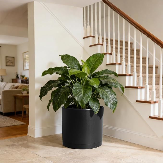 14 Inch Heavy-Duty Cylinder Deep Planter for Indoor Outdoor Plants, Tall Large Plastic Plant Pot with Drainage Holes and Saucer, Decorative Flower Pot for Patio Garden, Black