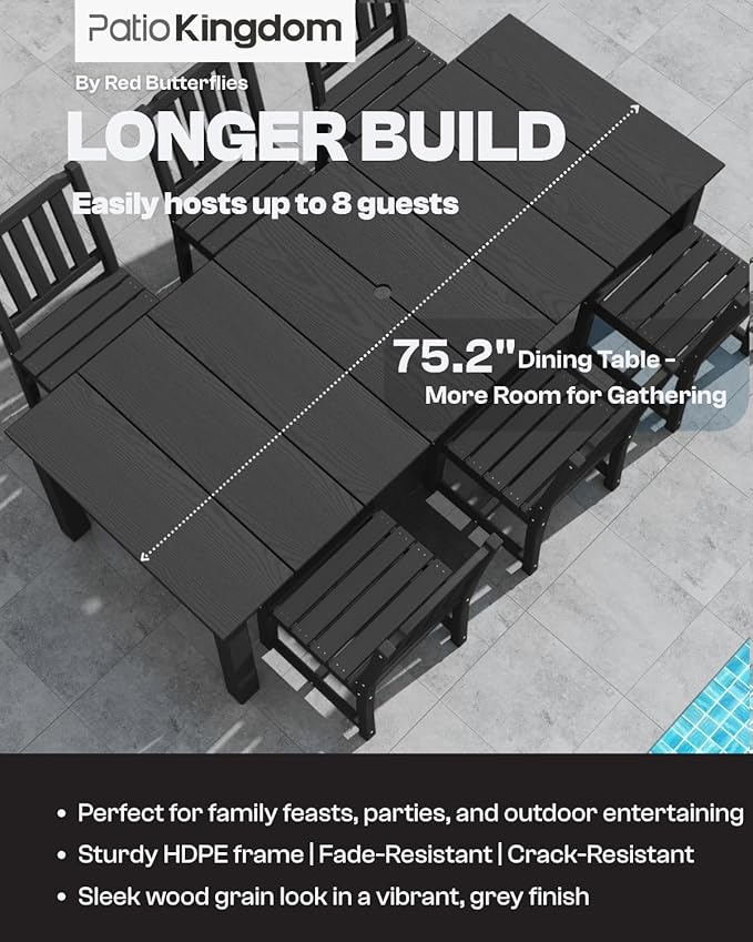 5-Piece Black Outdoor Dining Set with White 15FT Large Patio Umbrella, 75.2'' HDPE Table & Chairs for 8, Weather-Resistant Furniture with Umbrella Hole for Patio, Lawn, Poolside