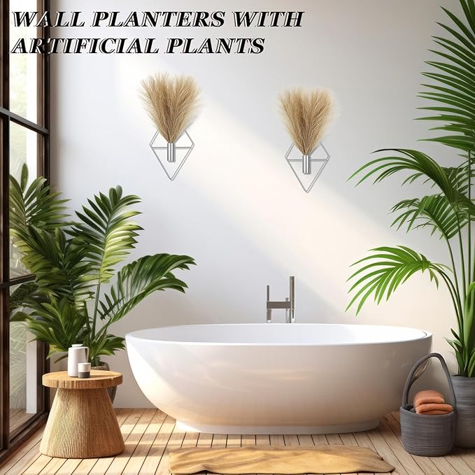 2 Pieces Boho Wall Decor Hanging Planters with Artificial Plants Metal Hanging Vase Indoor Plants Holder Modern Wall Art for Bathroom Bedroom Living Room Decor, Silver, Pampas Grass