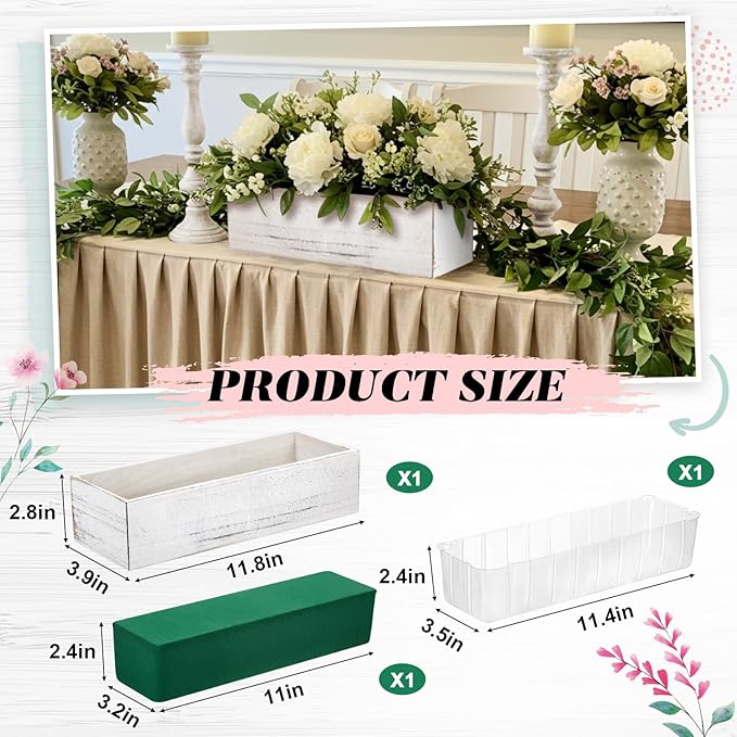 Dandat 1 Set Wood Boxes for Centerpieces 12x4 Inch Rectangle Wooden Planter Box Rustic Wooden Planters with Removable Plastic Liner Floral Foam Blocks for Christmas Wedding Home Garden Decor(White)
