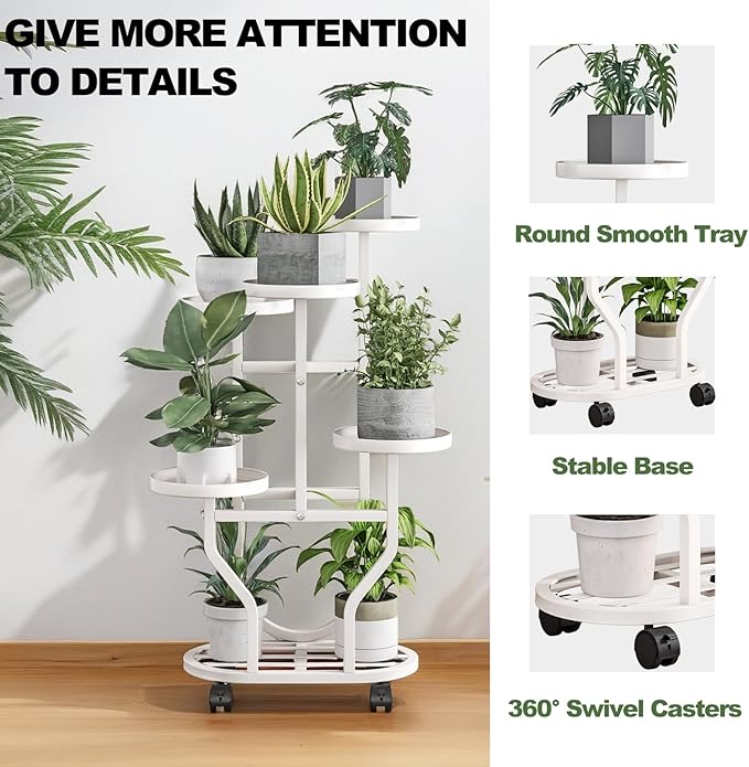 Plant Stand 5 Tier Indoor Outdoor Metal Flower Shelf with Wheels Multi Plants Holder Display Rack for Garden Patio Balcony Living Room White (White, 5 Tier)