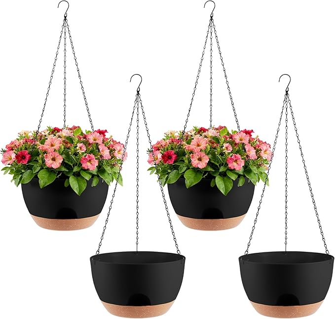 4-Piece Set of 8-Inch Hanging Planters with Automatic Watering System and Drip Tray, Includes Metal Chain, Suitable for Various Indoor and Outdoor Plants and Flowers, Black-Brown
