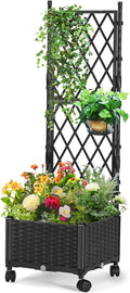 Planter Box with Trellis, 4ft Tall Self-Watering Plastic Raised Garden Beds and Lattice Trellis with Lockable Wheels & Drain Plug for Outdoor Patio Backyard Balcony, Black, 1 Pc