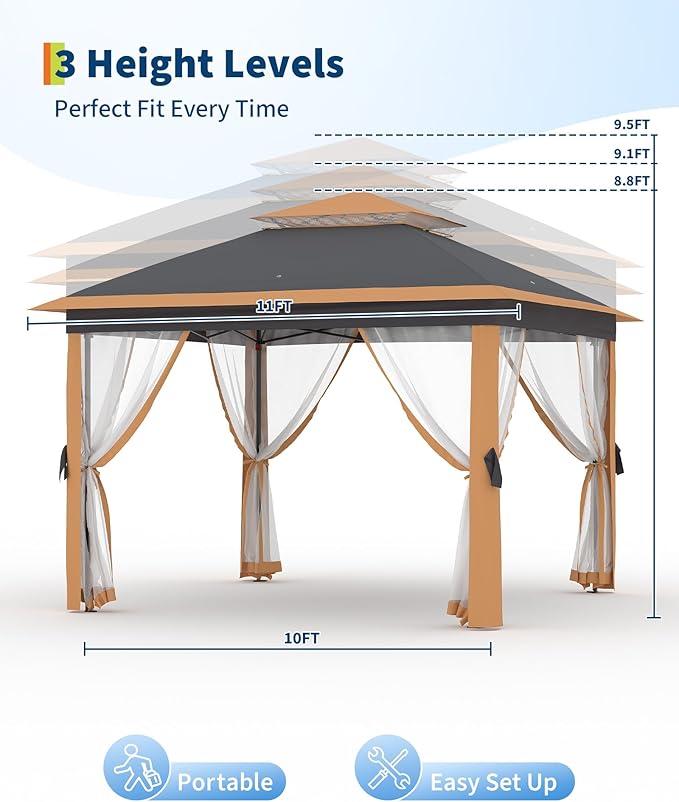 11'x11 Pop-Up Gazebo, Instant Outdoor Canopy Tent with Mosquito Nettings, Durable Steel Frame, Water and UV Proof, for Patio, Garden, Courtyard, Party (Khaki)