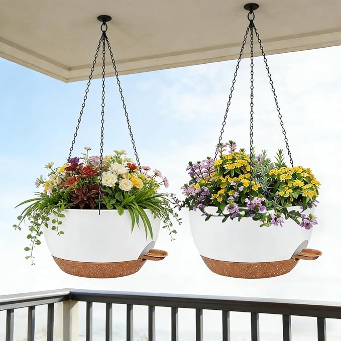 2 Pack 12 Inch Self Watering Hanging Planters for Indoor Plants, Large White Brown Plastic Hanging Pots with Chains for Outdoor Patio Garden Home Decor White Brown