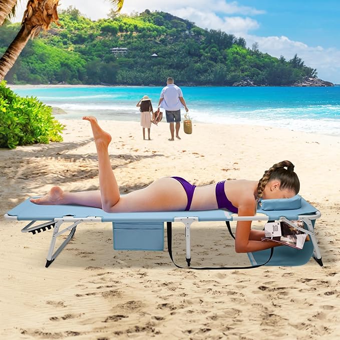 ABORON 3 in 1 Sun Tanning Chair Oversized with Mat&Face Arm Hole, Heavy Duty Folding Chaise Lounge Chairs, 5-Position Outdoor Lounge Chair/Pillow, for Beach, Pool, Lawn, Yard, Patio