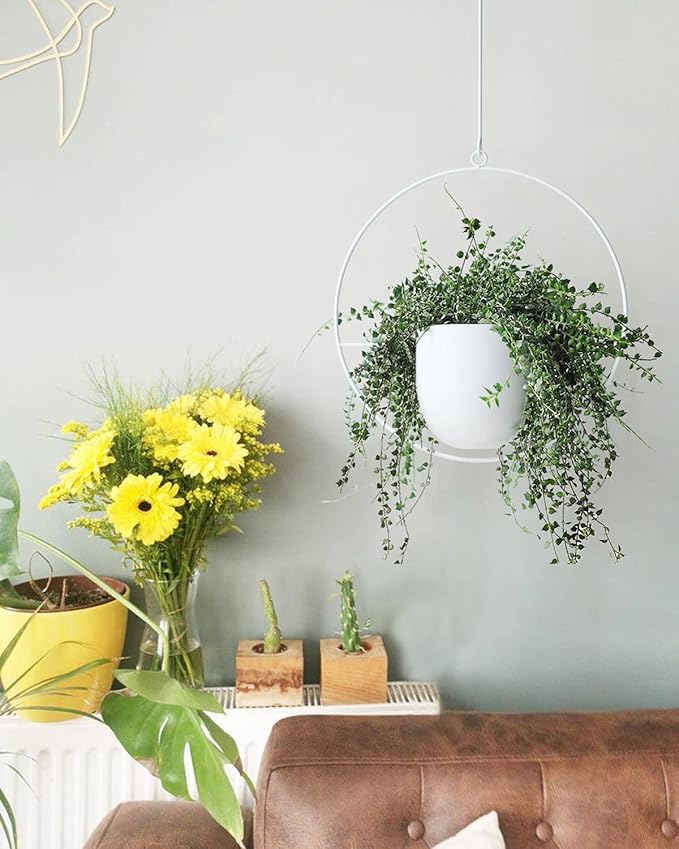 2 Pack Hanging Planters for Indoor Outdoor Plants Modern Metal Plant Hangers, Wall and Ceiling Hanging Plants Baskets Mid Century Minimalist Flower Pots Home Decor (White)
