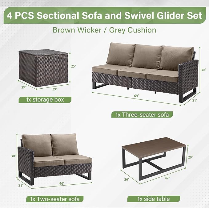 Belord 5-Seater Patio Conversation Set - 4 Piece Outdoor Sectional Furniture Set with Large Storage Box and Coffee Table Outdoor Patio Furniture Set for Garden Poolside Backyard Brown