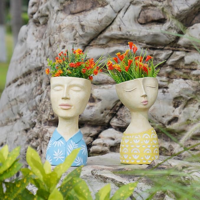 DiliComing Face Planter Pot Head Planter - Resin Blue Boy Head Planters for Indoor Outdoor Plants Decorative Flower Pot for Garden Home Office Bust Sculpture Plant Stand 5x6x10.5 Inch