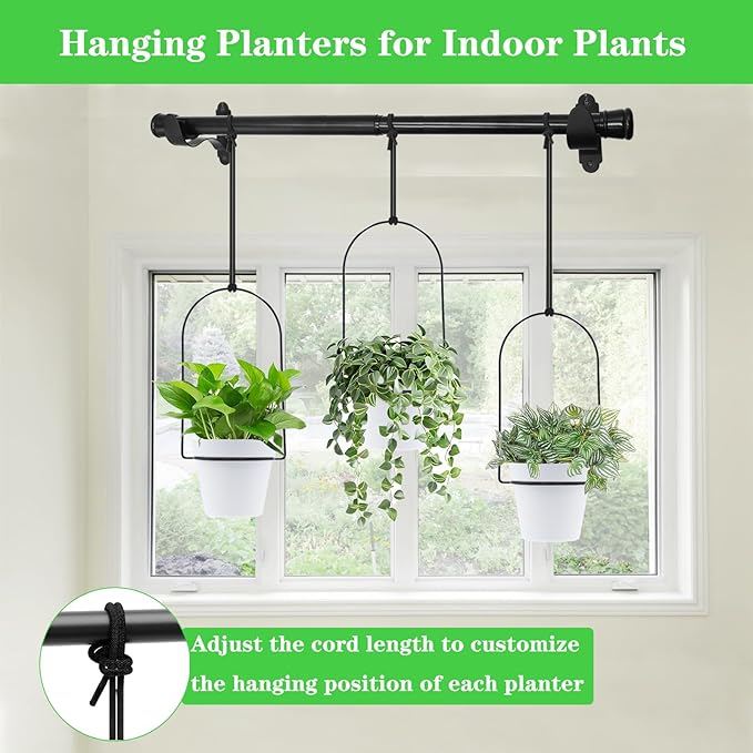 DOUBFIVSY Hanging Planters for Indoor Plants Plant Hanger, Adjustable Hanging Window Planter Hanging Wall Planter for Garden, 23in Plant Shelves Metal Holder Rod with Pots (Black)