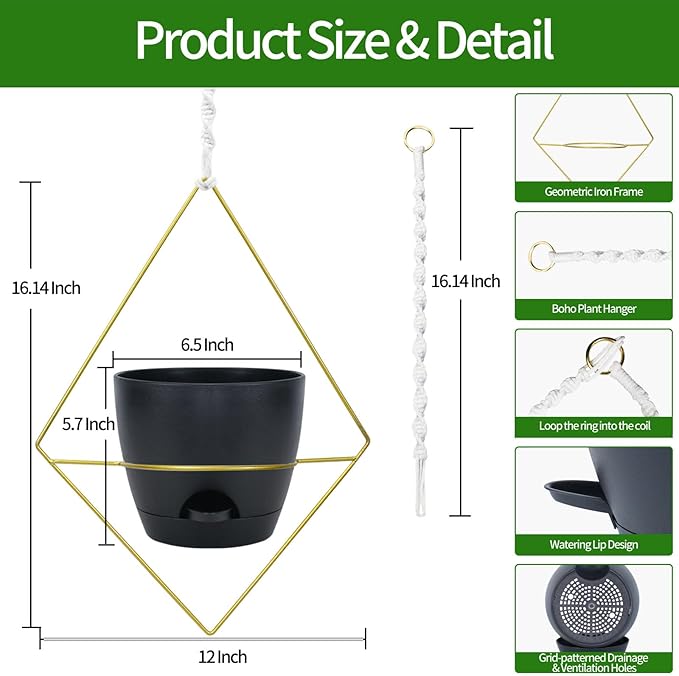 Hanging Planters for Indoor Plants, 2 Set Self Watering Hanging Flower Pots, Modern Hanging Plant Baskets with Metal Plant Holder & 6.5 Inch Plastic Pots for Garden Home Decor (Gold Frame Black Pot)