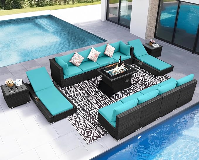 NICESOUL 13-Piece Patio Furniture Set with Fire Pit, High-End Big Group Outdoor Patio Set with Fire Pit & Chaise Lounge, Wicker 29.3'' High Back Sofa Deep Sitting, Grey & Turquoise