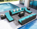 NICESOUL 13-Piece Patio Furniture Set with Fire Pit, High-End Big Group Outdoor Patio Set with Fire Pit & Chaise Lounge, Wicker 29.3'' High Back Sofa Deep Sitting, Grey & Turquoise