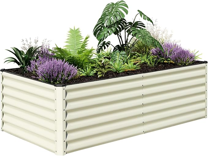SnugNiture Galvanized Raised Garden Bed 8x4x2FT Outdoor Large Metal Planter Box Steel Kit for Planting Vegetables, Flowers, Beige White