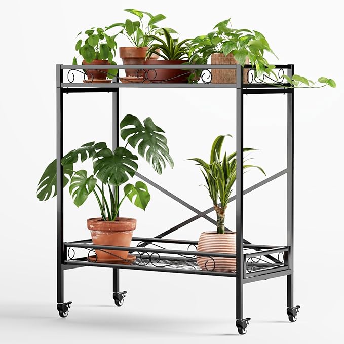 Zhongma 2 Tier Sturdy Metal Plant Stand with Wheels, 32.7x16x39.4 Inch High, Heavy Duty Succulent Shelf for Home Indoor and Outdoor, 440 LBS Capacity & Heavy Duty Construction