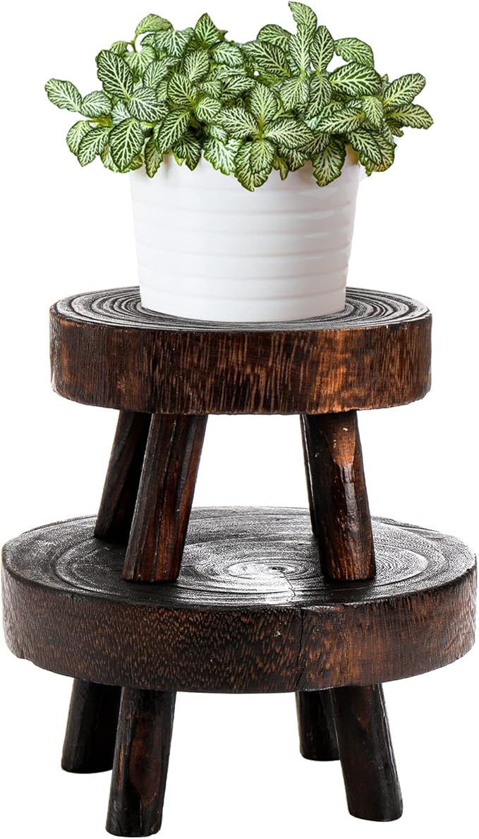 TOPZEA Set of 2 Mini Wooden Stool Display Stand, Wood Riser for Bonsai, Flower Pot, Small Potted Plant Stands Round Rustic Planter Stools Pedestal Risers for Garden, Patio, Home